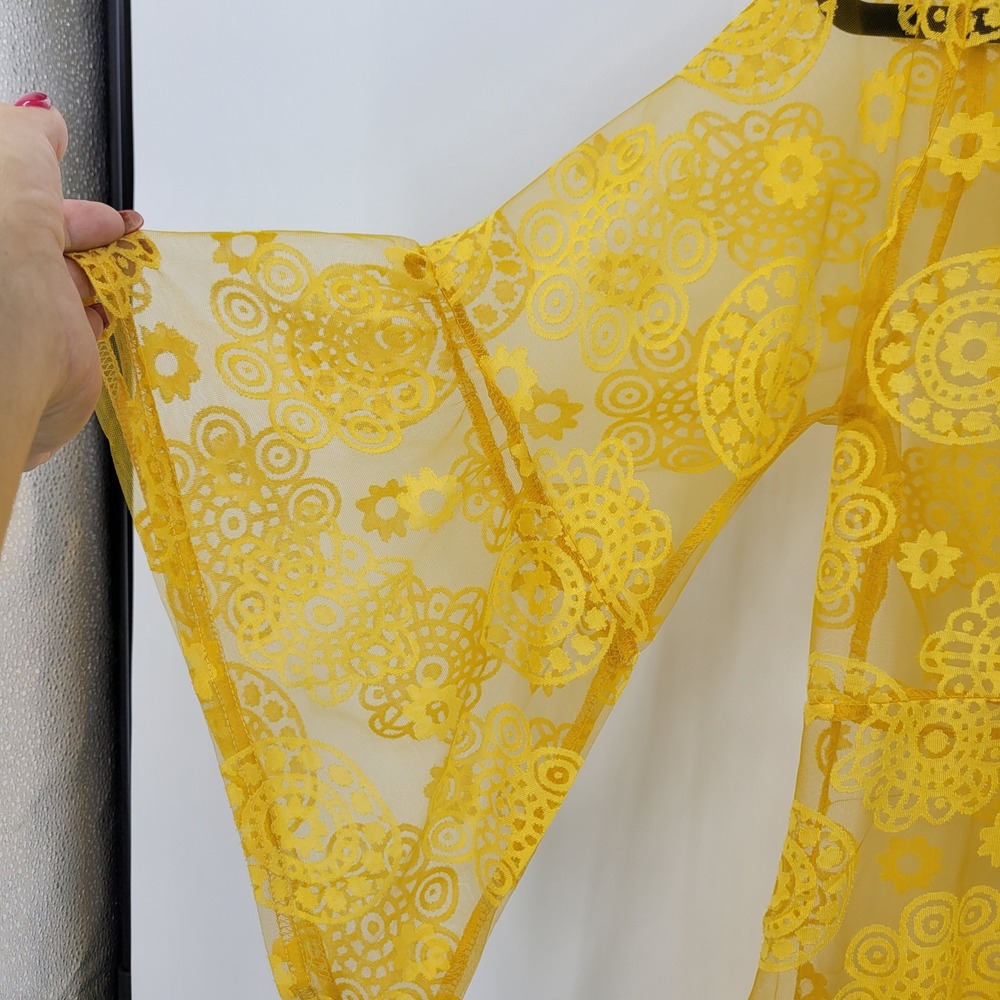 Ember Yellow Celestrial Lace Sheer Kimono Cardigan Bell Sleeve Swim Coverup Sz M